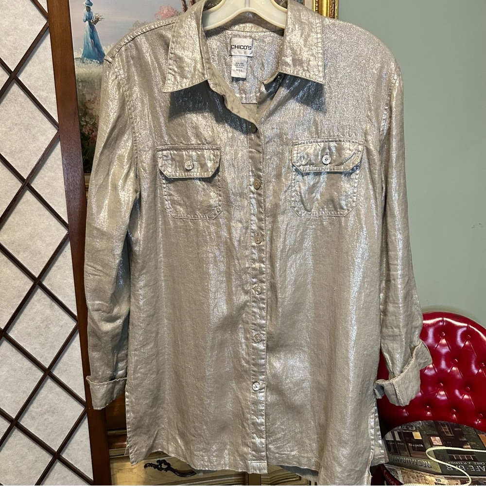 Chico’s Metallic Champagne Gold Linen Button Front Blouse